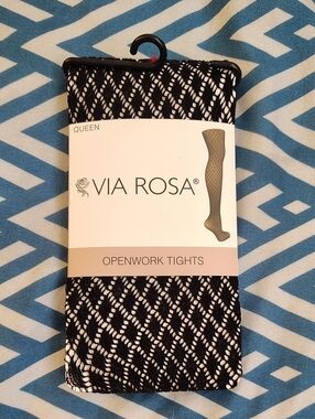 Via Rosa Openwork Black Fishnet Tights SZ Queen Plus NWT Gothic Romance
